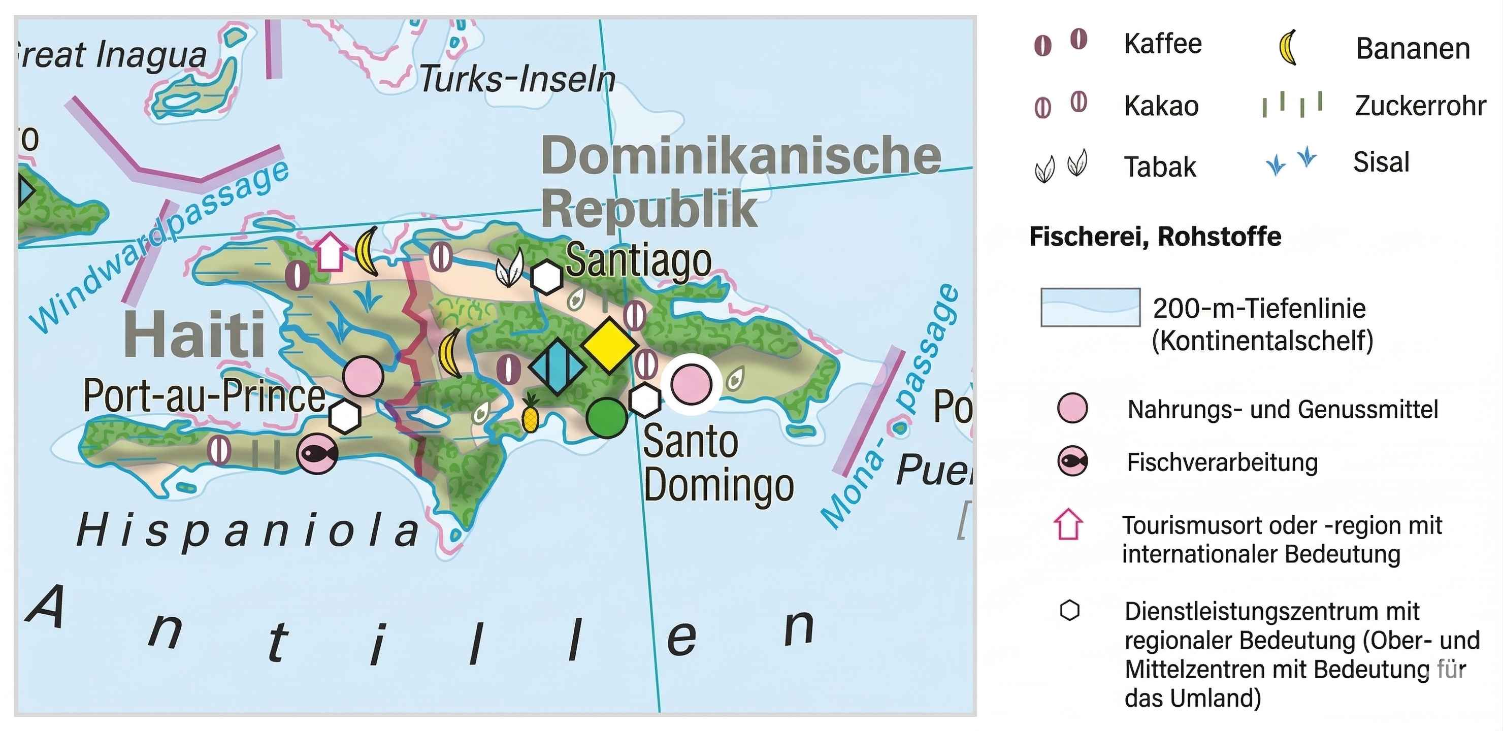 Wirtschaftskarte der Insel Hispaniola (Haiti und Dominikanische Republik) mit Symbolen für Landwirtschaft (u. a. Kaffee, Bananen, Zuckerrohr), Fischverarbeitung, Tourismus und Dienstleistungszentren sowie einer detaillierten deutschsprachigen Legende.
